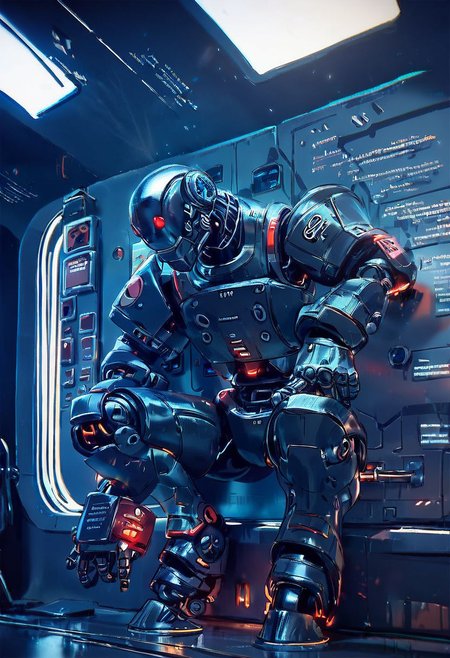 score_9,score_8_up,score_7_up, three-legged automaton:1.5, black armor with red filigree, ROBOT, CLEAN, SLEEK, PRISTINE, spaceship interior, fixing electrical panel on wall