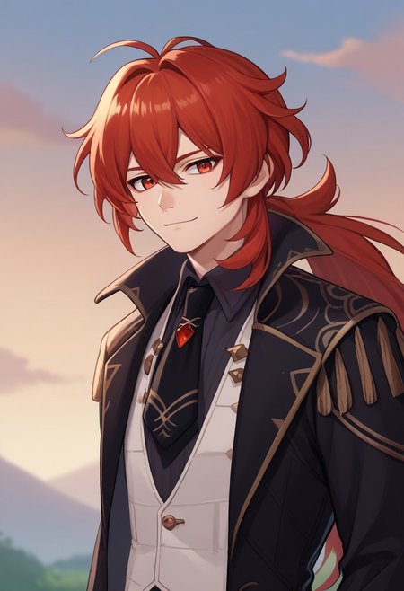 score_9, score_7_up, source_anime 
diluc, 1boy, male focus, solo, red eyes, red hair, long hair, ponytail, bangs, hair between eyes, antenna hair, shirt, black shirt, collared shirt, necktie, black necktie, vest, white vest, coat, black coat, portrait, light smile
outdoor, sky,