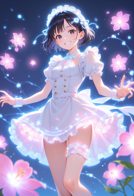 score_9, score_8_up, score_7_up , masterpiece,best quality,amazing quality, very aesthetic, ((outlined outlined vector graphics)), cute face, (glow eyes:0.5) ,   back view ,  looking down ,  looking at viewer ,
1girl,
20yo, black hair, black eyes, short bob hair, hair pin,small breast, slender,(white thigh strap:1.1)
,
white  clothes, (focus female), grin, happy, action pose, (clothed:1.1), maid, sparkling maid uniforms,glowing, glittring,
 happy,  
open eyes , (kawaii)  , flowers <lora:spakling-maid-pony-01:1>