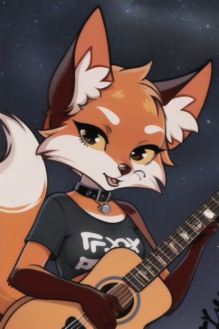 (solo female) furry vixen, chibi, female focus (<lora:lisa:0.6>), Pappy, (long eyelashes:1.1), eyes makeup, piercing, realism, (black collar), (white t-shirt, (print "fox":1.2)) holding guitar, (night, stars), detailed background