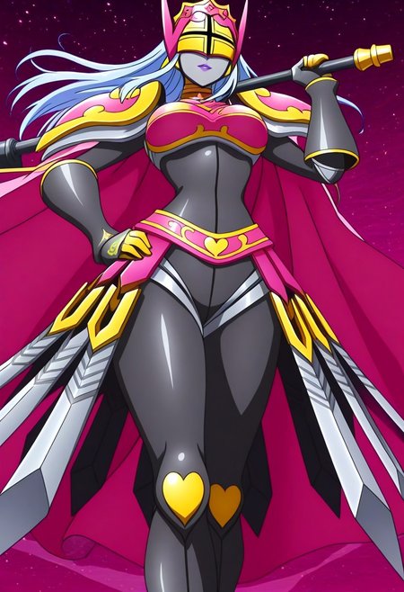finetuneanime, anime screencap, official art, detailed anime, ultra detailed anime art, anime screencap, screencap, score_9, score_8_up, score_7_up, masterpiece, anime coloring, source_anime, Queen Chessmon, 1girl, armor, long hair, cape, black bodysuit, shoulder armor, colored skin, breastplate, bodysuit, (((large breasts, curvy, wide hips))), narrow waist, digimon \(creature\), high heels, weapon, silver-blue hair, helmet, pauldrons, grey skin, boobplate, heart, gloves, crown, boots, covered eyes, pink cape, full armor, parted lips, ((lipstick, purple lips)), belt, black gloves, spikes, waist cape, faulds, gauntlets, makeup, horns, jewelry, shoulder pads, mask, gold armor, bracelet, skin tight, armored skirt, swords on skirt, high heel boots
BREAK 
Stable_Yogis_PDXL_Positives, cowboy shot, standing, 1hand on hip, ((1hand holding war hammer, holding weapon, war hammer)), posing, dynamic pose,