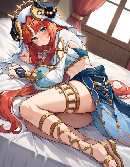 score_9, score_8_up, score_7_up, source_anime,
genshinnilou, <lora:genshin-nilou-ponyxl-lora-nochekaiser:1>
nilou, red hair, twintails, blue eyes, long hair, smile,
blue skirt, bracer, circlet, crop top, dancer, detached sleeves, fake horns, gladiator sandals, gold footwear, gold trim, horns, jewelry, long sleeves, neck ring, puffy long sleeves, puffy sleeves, sandals, skirt, thighlet, thighs, veil, white headwear, white sleeves, white veil,
indoors, bed, bed room, on side, blush, drunk,
looking at viewer, dutch angle, cowboy shot,