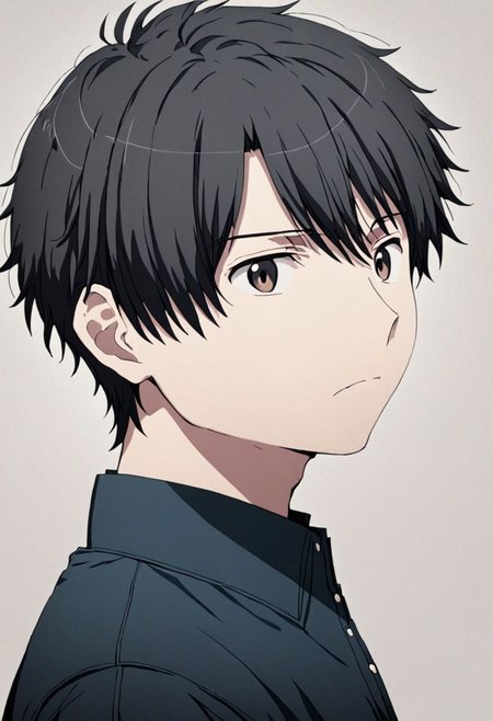 high resolution, solo, best quality, 1Boy, Inaho Kaizuka, Black Hair, portrait, looking at viewer, focused gaze forward, upper body, plain background, head upright, neutral expresion, OverallDetail