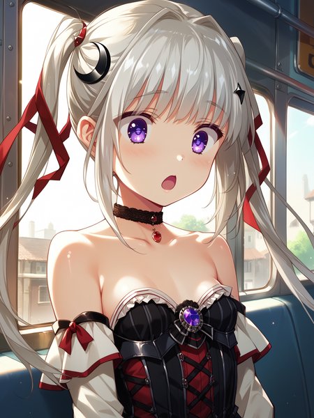 (upper body, solo focus:1.2) <lora:happy_tentacle-kuon-v0.2-000030:0.8>, ht_kuon, magician, hair ribbon, crescent hair ornament, jewelry, small breasts (petite:1.2), <lora:Shed_The_Skin's StS_age_slider_v1_initial_release:-1> ( ( choker :1.1) :1.1) ( , , ( surprised :1.2) , , :1.1) , indoors, ((dawn :0.6), (blue sky:0.6) :0.8), ( window :0.9), (furniture:0.9), , , , , (medieval :0.9), train interior, alley, formal ( :0.8) score_9, score_8_up, score_7_up, score_6_up, score_5_up, score_4_up, ( [(realistic, photorealistic:1.3):(realistic:1.2):16] [(3d:1.2)::14] :1) <lora:LUUNA's Lunas-NijiJourney-SDXL-B2:0.35>, nijijourney <lora:prgfrg23's Counterfeit-V3.0 Style SDXL_LoRA_Pony Diffusion V6 XL:0.5> <lora:mfcg's mfcgXL:0.12> <lora:reweik's gyokai(himehajime)_PonyXL_style_v01:0.14>