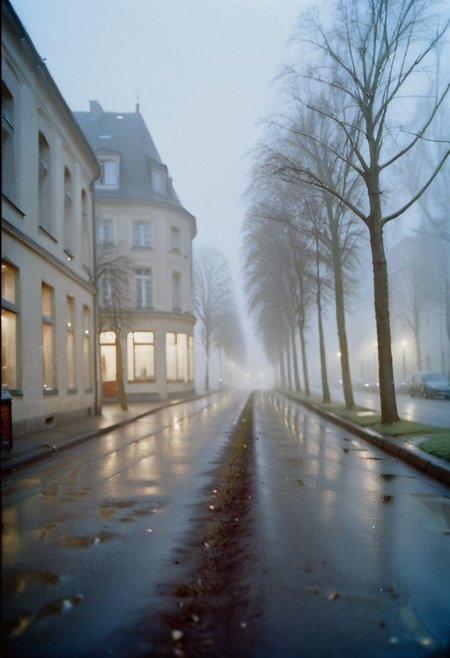 c41_hasselblad_portra400, instagram photo, a dark and foggy street somewhere in europe, hard shadows, film grain