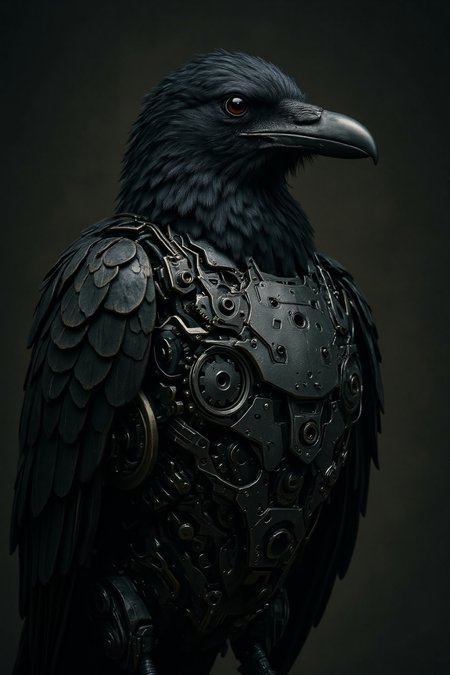 A futuristic, stylized raven combines organic features with mechanical elements. The head head is detailed with intricate black feathers, while intricate robotic components, including gears and circuits, replace parts of its body. The background is dark, emphasizing the contrast between the natural feathers and the metallic elements, creating a striking blend of nature and technology.