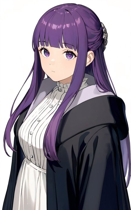 8k, best quality, masterpiece, (ultra-detailed), (high detailed skin), 
upper body, mid shot, standing, looking at viewer, (solo:1.2), simple background, white background, 
<lora:feilun-a3-Tanger:0.8>, fellun, default clothes, black robe, white dress, 1girl, solo, long hair, purple hair, purple eyes,