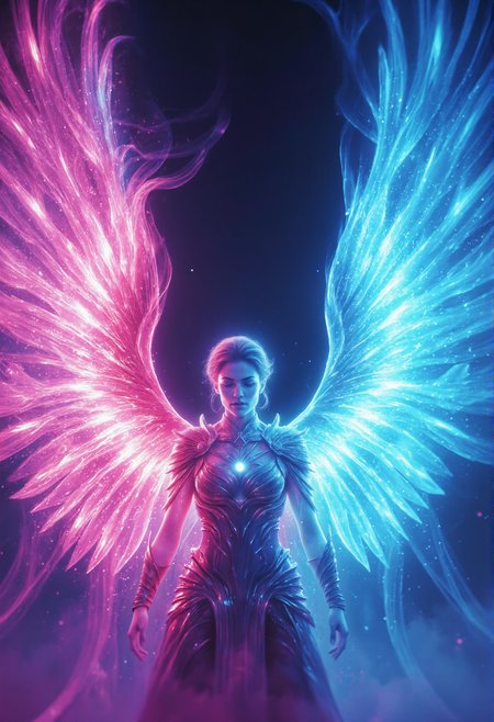 neonpunk style cinematic film still close up portrait of A powerful, regal Asgardian warrior woman poses dynamically tall with glowing, ethereal wings arching from her back. The wings are large and feathered, radiating a mesmerizing glow that shifts from vibrant pink at the base to a soft blue at the edges, as if woven from pure energy. Each feather appears semi-transparent, catching and reflecting light with a crystalline effect, casting a magical aura around her. Her wings pulse gently with a mystical light, accentuating her fierce, otherworldly presence.
BREAK
Dressed in ornate, silver and purple Asgardian armor with intricate engravings, she confidently holds a mighty prismatic sword, against a dramatic, darkened landscape under a stormy sky, illuminated by flashes of lightning. The overall scene is majestic, with an aura of ancient power and celestial beauty
highly detailed
<lora:zavy-spctrlglw-fxl:0.7> zavy-spctrlglw, luminescent, spectral glow, iridescent, ethereal velvet_myst  <lora:aidmaGLOWV4wc:0.5> aidmaglow <lora:flux.1_lora_flyway_Epic-detail_v2:0.5>  <lora:aura_v2_beta2:0.6> auralora . shallow depth of field, vignette, highly detailed, high budget, bokeh, cinemascope, moody, epic, gorgeous, film grain, grainy . cyberpunk, vaporwave, neon, vibes, vibrant, stunningly beautiful, crisp, detailed, sleek, ultramodern, magenta highlights, dark purple shadows, high contrast, cinematic, ultra detailed, intricate, professional