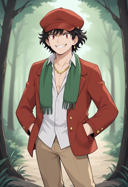 (source_anime, score_9, score_8_up, score_7_up:1), 1boy, solo, spiritgruntm, black hair, sideburns, red eyes, gold earring, spirituniformm, newsboy cap, green scarf around shoulders, red jacket, white buttoned shirt, open collar, collarbone, gold necklace, khaki pants, outdoors, forest, smirk, looking at viewer, hands in pockets, slouching, pokemon \(classic anime\), anime screencap