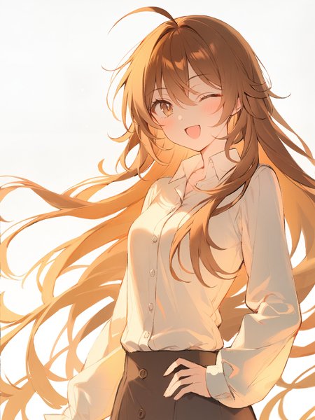 1girl, 
solo, shirt, long sleeves, hand on own hip, dress shirt, hair between eyes, one eye closed, ahoge, blush, smile, white shirt, white background, alternate hairstyle, hair down, alternate costume, open mouth, upper body, looking at viewer, long hair, brown hair, ;d, collared shirt, sleeves past wrists, brown eyes, simple background, 
masterpiece, best quality,  safe
 <lora:mki-ani31-blackmeow-v1-000120:1>