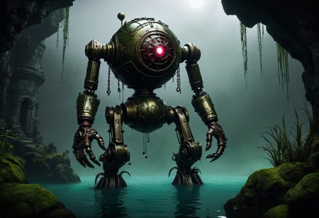 giant bipedal robot olive green and dark red stripes and bronze silver paisley robot. lacy robot submarine head. outside of a steampunk keep. large detailed torso. dark image. one forty foot tall ancient robot with great arms and two heavy spring legs. dark foggy night background. $dark foggy night image only. dark photo realistic image. steampunk details. cogs, chains and pipes incorporated in the fantasy buildings. magic wizards tower in background. Dark swamp, moss, castle ruins, wizards tower. stormy dark night. small floating robot ball in swamp