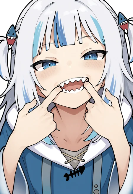 masterpiece,best quality,amazing quality,
1girl, sharp teeth, teeth, gawr gura, virtual youtuber, solo, blue eyes, grey hair, hair ornament, open mouth, mouth pull, multicolored hair, blue hair, hood, looking at viewer, bangs, smile, upper body, finger in own mouth, two side up, streaked hair, hoodie, blunt bangs, blue hoodie, shark hair ornament, long hair, long sleeves,
 <lora:Jank365m:1>