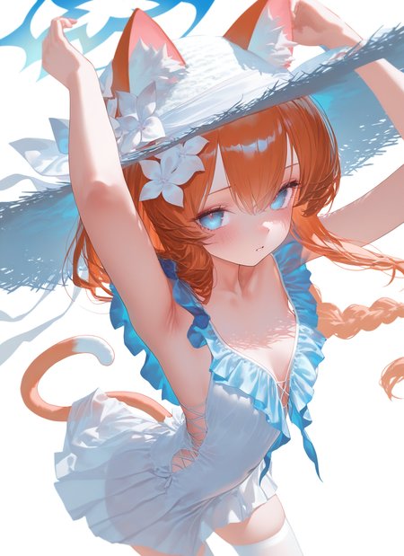 (artist:reoen:0.826446),(artist:machi:0.9),(artist:ningen_mame:0.9),(artist:sho_(sho_lwlw):0.9),(artist:rhasta:0.9),(artist:wlop:0.7),(artist:ke-ta:0.6),(fkey:0.5),(tianliang duohe fangdongye:0.5),(hiten \(hitenkei\):0.6),best quality,amazing quality,(artist:onineko:0.826446),very aesthetic,
stu dts,(akadako:0.8),(nanaken nana:0.8),azure (capriccio),(araki hirohiko:0.6),
<lora:nai_ILL:0.7>,<lora:TheShorekeeperILSTCAMEq1v1 Wuwa:0.9>,1girl,animal ears,solo,hat,thighhighs,tail,flower,cat ears,straw hat,cat tail,white thighhighs,long hair,breasts,orange hair,braid,hat flower,blue eyes,looking at viewer,animal ear fluff,hair flower,skirt,hair ornament,armpits,halo,frills,white skirt,arms up,mari (blue archive),bangs,cat girl,parted lips,blush,zettai ryouiki,white background,cleavage,simple background,single braid,sleeveless,white flower,collarbone,small breasts,sun hat,medium breasts,, masterpiece,, best quality, amazing quality, very aesthetic, absurdres,newest