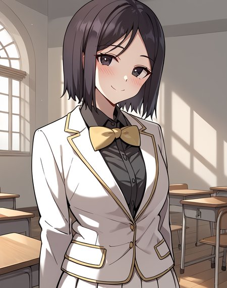adriana_manhwa, black hair, short hair, black eyes, long sleeves, white blazer, black shirt, collared blazer, yellow bowtie, academy school uniform, white skirt BREAKindoors, classroom, medieval  BREAK arms behind back, smile, blush, looking at viewer,  BREAK score_9, score_8_up, score_7_up, source_anime ,zPDXL, <lora:Adriana:0.8>, cowboy shot