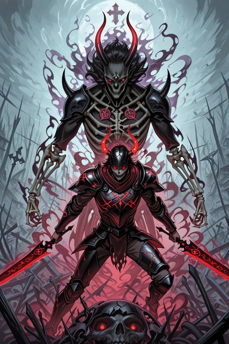 embedding:lazympos, in style of janfresh, 1man, demonic warlord, skeletal frame, obsidian armor, glowing eyes, spectral horns, dark aura, commanding stance, wielding a cursed blade, spectral dragon, black and red gradients, deathly presence, fearsome creature, ethereal smoke, glowing runes, haunting allure, dynamic action, intense expression, intense battle, dynamic pose, intense clash, haunted battlefield, swirling spirits, apocalyptic clash, swirling chaos, eerie mist, shattered reality, ominous lighting, chilling atmosphere, surreal gradients, ethereal glow, deep contrast, ambient occlusion, volumetric lighting, raytracing <lora:SplashCore_v1.0_-_Illustrious:1>