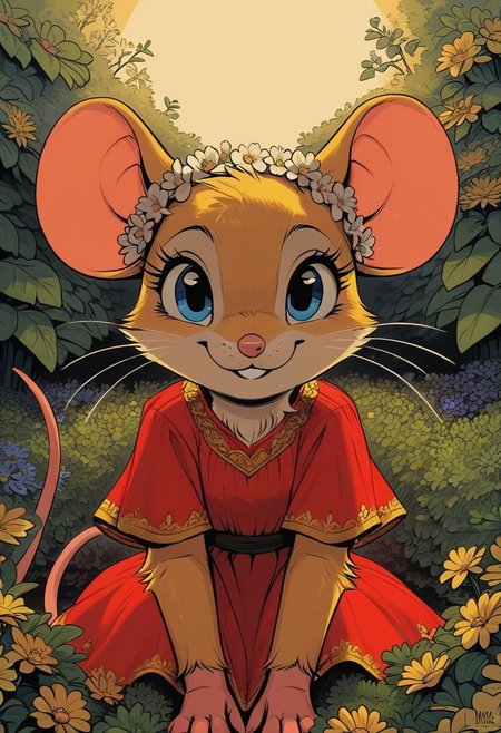 score_9, score_8_up, score_8, (solo), (fluffy:0.8), (feral:1.2), outdoors, furry, (((mouse))), female, vivid blue eyes, yellow fur, yellow ears, (fluffy cheeks:0.4), (red dress), (hands on knees:1.2), (cute:1.2), in the style of beatrix potter, cel-shading, backlit, sun, daylit sky, flowers, flower crown,  look at viewer, smile, waving to viewer, (head shot, portrait:1.5), (side view:0.8), (bushes in foreground:1.3), gr33n, plant, flower, sitting