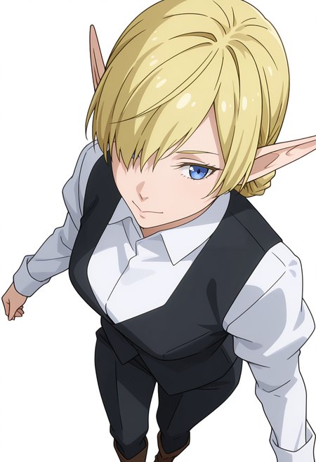 Smooth Quality,masterpiece,very intricate, high quality details, ultra realistic, high detailed skin,detailed enviorement,absurdres, 
simple background, white background, 
from above,dancing,
:>,solo, 
 <lora:Kagali_cnn:0.8> 1girl, short hair, blonde hair, blue eyes, pointy ears, braid, hair over one eye, elf,suit, white shirt, formal, long sleeves,  pants, boots,