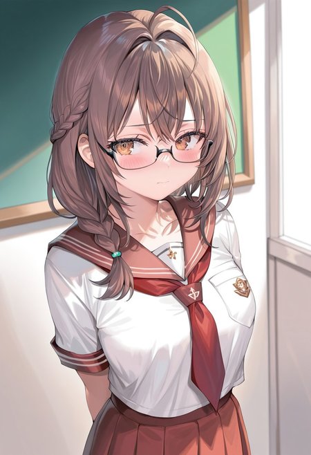 masterwork, perfect quality , amazing quality, absurdres, newest, hyper detailed, detailed, masterpiece, highly detailed, best quality, absolutely eye-catching, 1girl, medium_breasts ,brown_eyes brown_hair, long_hair, closed_mouth, arms_behind_back, black-framed_eyewear, blush ,braid, breast_pocket, glasses,over-rim_eyewear, pocket, red_sailor_collar, red_skirt, sailor_collar, school_uniform, semi-rimless_eyewear, serafuku, single_braid, skirt, solo, standing, (momoko_(momopoco):1)