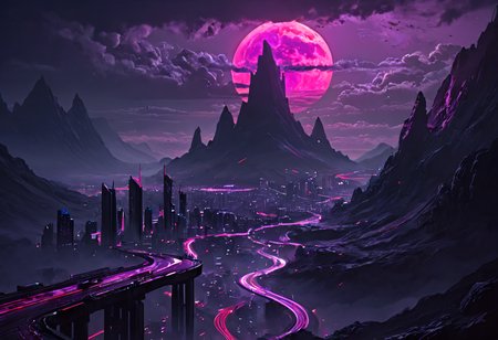 RAW photo, high quality photo from a height,photo from high altitude of a huge <lora:skyline:0.1> sky,, <lora:Dark_Aura_XL_-_Filled_with_miasma:0.6> dark aura,<lora:Neon_Scene:1.0> neonscene, <lora:sdxl_cyberpunk:0.3> cyberpunk style vast city with purple haze,<lora:D_Ewir3s SDXL lora:0.5> D_Ewir3s,road network,big dark moon, in <lora:csm-artstyle:0.0> csm art-style, featuring grey and red,<lora:PAseer-SDXL-majesticmountain:0.5> mountain landscape