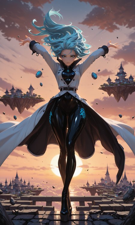 masterpiece, best quality, amazing quality, klskx, (nsfw, explicit:1.0), 1girl, light blue hair, long hair, windblown hair, yellow eyes, light blue eyebrows, thick eyelashes, looking at viewer, slender body, smooth skin, long coat, high collar, unbuttoned, latex, tight bodysuit underneath, thigh-high boots, wind pushing coat back, arms up, open hands in air, outdoors, standing, floating city, floating island, (floating above clouds:0.9), distant storm clouds, golden sunset, dynamic pose, (ancient stone platform:1.2), crumbling edges, scattered debris, glowing runes on surface, (dark shadows:0.9), (high contrast:0.9), volumetric lighting, intricate details, blurry background, depth of field <lora:spo_sdxl_10ep_4k-data_lora_webui:1.0> <lora:illustriousXL_stabilizer_v1.23:1.0> <lora:illustrious_quality_modifiers_masterpieces_v1:0.6> <lora:klskx_wai:0.7000000000000001>
