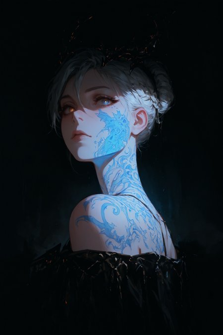 masterpiece, best quality, newest, absurdres, 
Portrait, an alabaster Valkyrie with bioluminescent tattoos of bio ink, split diopter, over-the-shoulder shot, BREAK Rembrandt lighting, <lora:ponyv4_noob1_2_adamW-000017:0.7000000000000001> <lora:USNR_STYLE_XL_lokr:0.5> <lora:EtherSDXL:0.3>