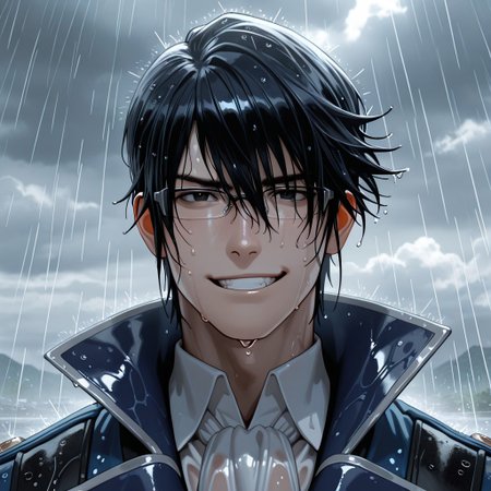 masterpiece, best quality, amazing quality, absurdres, newest, detailed background, definition so sharp, Ultra-HD, 8K cinematic, very awa, impressionate, amazing quality, highres, 
solo, male focus, manly, mature male, bara, cloud, grey, rain, wet,
reishimunakata, reishi_black hair, reishi_black eyes, 1boy, short hair, glasses, blue coat, white collared shirt, ascot,
smirk, excited, grin, charming, sparkle, looking at viewer,