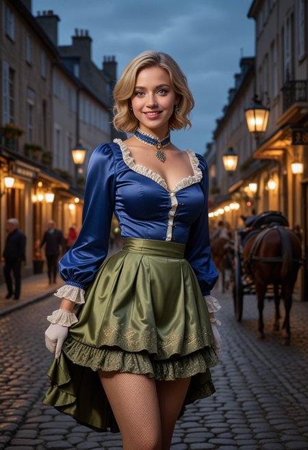 (medium full shot) of (ravishing harlot) young woman, french, tan skin, olive green eyes, curvy build, medium blonde inverted bob hair, wearing a blue ruffled shirt, brocade skirt, fishnet stockings, embroidered heels, jeweled ring, rosy cheeks, silk gloves, set in the 18th century, in  cobblestone street, dimly lit by flickering lanterns, shadowy figures moving in the night, horse-drawn carriages passing by, the sound of distant laughter and chatter, during twilight, woman smiling, Masterpiece,best quality, photo, realistic, very aesthetic, detailed face,