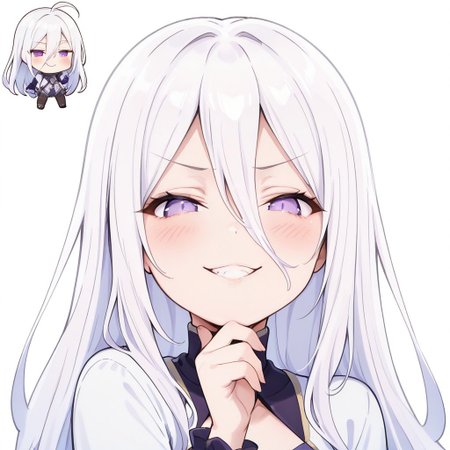 masterpiece, best quality, high resolution, absurdres, 1girl, purple eyes ,white hair  , long_hair, ahoge,hair between eyes,  parted bangs,chibi, looking at viewer, smug, teasing,scoffhand on chin, teeth, centered, aroused, blush, upper body, transparent background, very smug smile, best quality, highres, absurdres, amazing quality, masterpiece, 
Sticker,solid stroke,