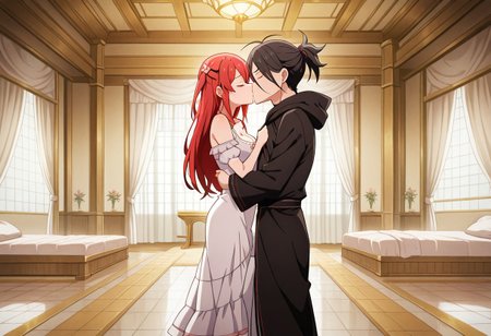 masterpiece, best quality, newest, absurdres, highres, detailed eyes, beautiful, detailed background, perfect eyes, anime coloring, anime screencap,
1girl, 1boy, hetero, facing another, kiss,standing, closed eyes, 
indoors, 
<lora:Theresia_van_Astrea_r1:1>Theresia_van_Astrea,
hair ornament,
long hair,white dress,
red hair,dress,flower,
hair flower,two side up,
t_theresia,red hair, 
white dress,
black hair, 
short ponytail, 
serious male, black dress,
black hood down, palace indoors, large room, bedroom, bathhouse, bed with curtains, large pool, hot water, steam, bed curtains, taking off clothes, tile floor, bath mats, towels, inflatable massage sheet, canopy bed, pillows, blanket, water, pool in center, stripping down, medium breasts, cleavage