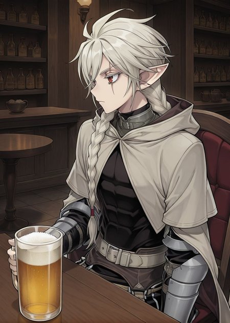 masterpiece, best quality, arms at sides, male focus, 1boy, male, indoors, bar background, holding jug, drinking beer, sitting on chair, table, facing to the side, solo, 
<lora:Koinzell:0.8>, Koinz0l, red eyes, platinum blonde hair, scar across eye, pointy ears, twin braid, platinum blonde eyelashes, cape, hooded cloak,