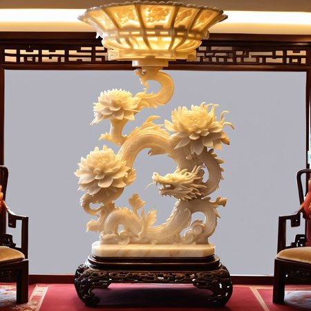 alabaster stone sculpture, artistic, chinese, masterpiece, chinese dragon lighting, chrysanthemum around, intricate shapes, in an elegant Chinese room