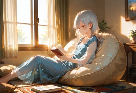 artist:, masterpiece, newest, very aesthetic, very awa, absurdres, highres, 1girl, detailed eyes, small slim girl, disheveled silver-haired, long hair, blue eyes, long dress, blue casual dress,see-through cleavage, sitting on bean bag chair, pillow, reading, enjoy, (((afternoon scene, window, curtain))), dutch angle,side view
