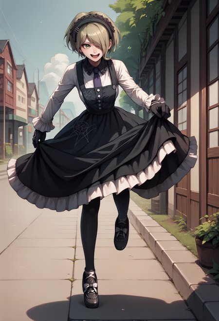 score_9, score_8_up, score_7_up, 1girl, full body, happy, running, <lora:KirumiDR-pdxl:1> defKirumi, short hair, hair over one eye, maid headdress, pinafore dress, white shirt, long sleeves, purple necktie, black gloves, large breasts, black pantyhose, skirt hold, black shoes, outdoors