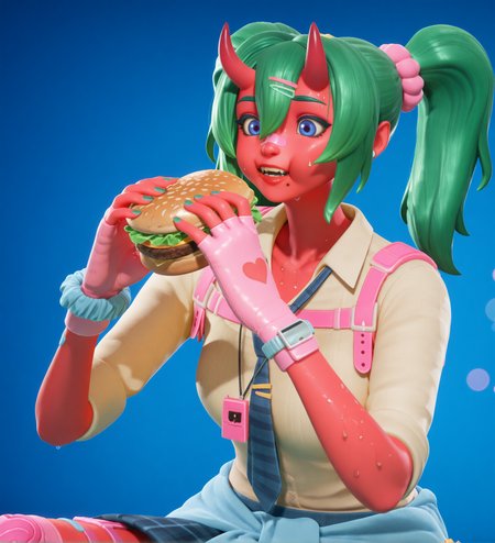 high quality, masterpiece, intricate details, absuredres, (eating burger, upper body, depth of field, bokeh, blue background, solid background:1.5), fortnite_nemia, 1girl, solo, green hair, twintails, ponytail, long hair, bangs, hair between eyes, hair over one eye, ears, horns, oni horns, single horn, red skin, pink skin, blue eyes, parted lips, bandaid, bandaid on nose, bandaid on thighs, breasts, shirt, school uniform, necktie, plaid skirt, thighhighs, socks, loose socks, boots, jewelry, earrings, bracelet, charm, belt, gloves, fingerless gloves, knee pads, leg warmers, collarbone, solo, colored skin, hair ornament, hairclip, scrunchie, holster, striped necktie, clothes around waist, oni, plaid, charm (object), blue necktie, sweater around waist, animal print, heart, shoes, star (symbol), thigh holster, (female focus, female_focus, sweating, sweat:1.4),  <lora:Fortnite_Nemia_Demonically_Cute_Set_ILXL_E41_16_DIM:1>, <lora:dmd2_sdxl_4step_lora:1>