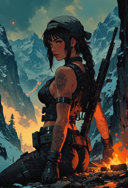 In the style of ff-td, nistyle, Silhouette Art, magnificent, crisp lines, closeup portrait of stunning mercenary, mountain top, overlooking a huge valley, beautiful girl, breasts, curvy, looking down scope, looking away from viewer, snipers nest, small campfire, cooking food, sniper rifle set up, dark braided hair, backwards hat, armor, sleeveless, arm sleeve tattoos, muscle tone, dogtags, sweaty, foreshortening, depth of field, at night, night, alpine, lightly snowing, dusting of snow, 
Closeup, detailed face, freckles,