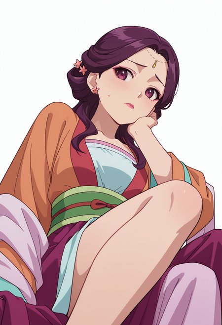 Smooth Quality,masterpiece,very intricate, high quality details, ultra realistic, high detailed skin,detailed enviorement,absurdres,
partially undressed, 
 <lora:Yinghua_CNR:0.8> yinghuacnr, purple hair,  purple eyes, yinghua_orange_cnr, hanfu, japanese clothes,long sleeves, sash, shawl,earrings,hair ornament, makeup, lipstick,, simple background, white background, from below,
reclining, one leg over other, arm on backrest, calm, composed,  ,nervous,