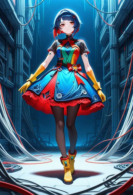 (masterpiece, best quality, high quality, highres), very awa, highres, absurdres, intricate detailed,
genshin impact, 
mad-cable,
1girl, solo, full body, standing,
magical girl, evening dress, complex outfit,
short hair,
black tights, blue and red mad-cable skirt, yellow boots, yellow gloves, 
ribbons, lace, multicolored dress, ornament on dress,  
cyberpunk background,
