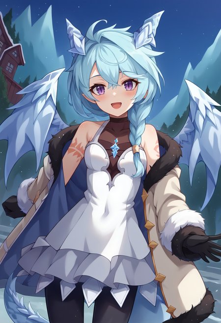 score_9, score_7_up, hd, (ultra hd quality details), source_anime, outdoors, ice, night,
solo, 1girl, pcrsheffy, light blue hair, long hair, braid, dragon tail, dragon horns, dragon wings, ahoge, arm tattoo, purple eyes,
sheffydefdress, coat, white coat, fur trim, white dress, covered collarbone, sleeveless, bare shoulders, black gloves, black pantyhose,
looking at viewer, blush, smile, open mouth,
standing, dutch angle,
<lora:_sheffy_elesico-pony:1>
