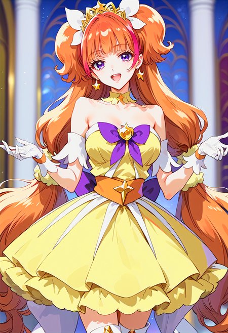 [XerMix is merged by Xerise, Epona Mix is merged by K4gtuTi:100], [zPDXLxxx::0.6], score_9, score_8_up, score_7_up, rating_questionable, source_anime, best quality, masterpiece, dreamy watercolor, depth of field, fcx, fyx, phc, yuh, very aesthetic, absurdres, retro style, <lora:Expressive_H-000001:0.5>, Expressiveh, <lora:flat_sdxl:-0.2>, <lora:Mixed_ArtstyleV2:0.5>, [this lora is made by MaiiaM:100], <lora:pony_good_hands:0.2>, good_hands, <lora:iris_size_control2_pony_02:0.4>, <lora:detail_eyes-000019:0.2>, [this lora made by sadsilly:100], detail1eye, anime, 1girl, long eyelashes, ultra detailed eyes, beautiful eyes, bright eyes, faint lips BREAK smile, open mouth, folded, head tilt,  <lora:curetwinkle.pony:1>, curetwinkle, orange hair, very long hair, twintails, blunt bangs, earrings, tiara, purple eyes, provocative face, big breasts, yellow choker, detouched sleeves, bare shoulders, collarbone, gloves, yellow dress, orange waistband, yellow waist bow, purple petticoat under dress, yellow long boots, cowboyshot
