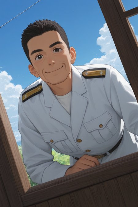 realistic shading, natural lighting, looking out a window, leaning forward on open window, male focus, looking at viewer, expressive face, minodaoi, black_minodaoi_short hair, black_minodaoi_eyes, old man, 1boy, arm on open window, sweet smile, shiny skin, military uniform, cosplay, wooden wall, outdoors-blue sky, from outside, cloud, clothes line, from below, dutch angle, dynamic angle, intricately detailed illustration, depth of field, masterpiece, best quality, amazing quality, very aesthetic, absurdres, newest