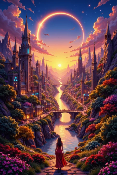 fantasy city beautiful landscape, sunset, woman, very intricate, very detailed, sharp, bright, colorful, <lora:Hand v2:0.5> <lora:Anti-Blur:1><lora:Insane Detail Slider:0.25>  <lora:flux.1_lora_flyway_Epic-detail_v2:0.3> <lora:fluxenhancer:0.25> <lora:ROWER:0.6> <lora:flux-charmer-v1-1:0.4>   <lora:Copax StyleMix 3:1>
