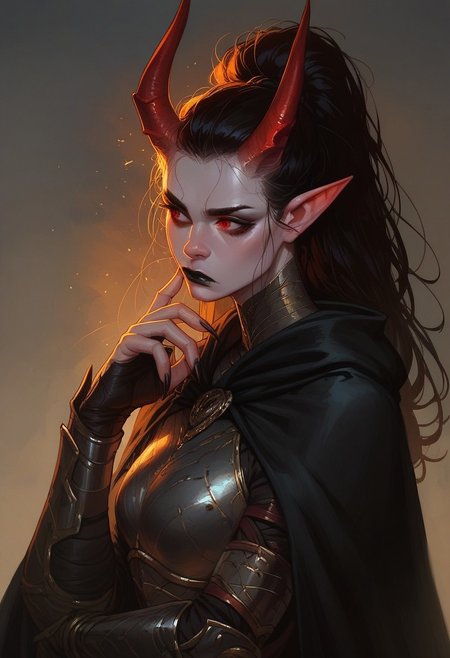 score_9, score_8_up, score_7_up, outdoors, rimlight, solo, 1girl, demon girl, horns, black hair, ponytail, black lipstick, pale skin, grey skin, pointy ears, red eyes, red nose, long nails, black nails, black cape, armor, slim fit, looking away, closed mouth,