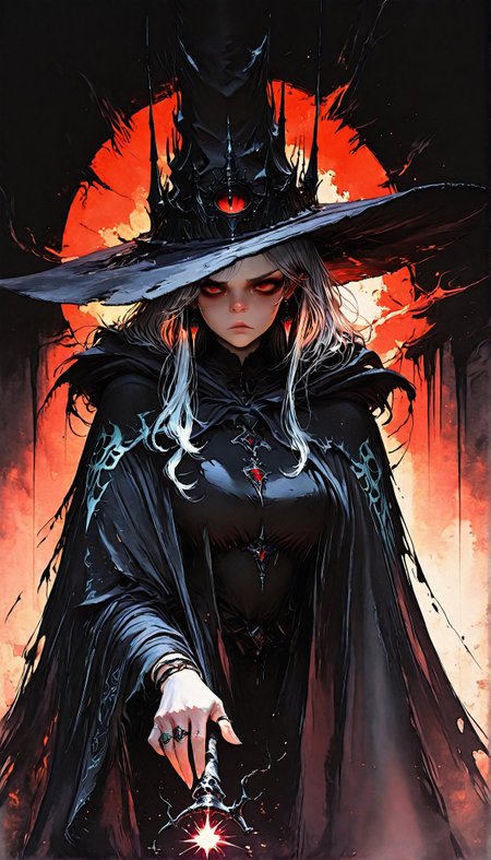 masterpiece, best quality, ultra detailed, amazing quality, very aesthetic, newest, (high res, 8k:1.2)
1Wizard, solo, magic wand, Waving a wand,
gray hair, Red eyes, Big hat, big earrings, cloak, Ring, 
Sulky, frowning, looking at viewer
<lora:noobai_vpred_1_masterpieces_v1:0.5>  <lora:ppw_v7_Illuv1.0_1_r2:0.6>
BREAK
Fantasy illustration, 
<lora:Dark_Ghibli:0.9> Studio Ghibli Dark Fairytale
<lora:DRKWB:0.8> DRKWB
<lora:Face_Enhancer_Illustrious:1>