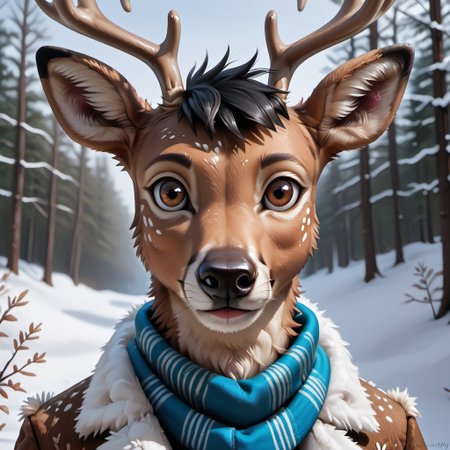 anthro, male deer, tufted fur, tufted ears, cheast tuft, fluffy tail, detailed fur, black hair, deer antlers, brown fur, brown eyes, detailed face, nature, fur coat, winter, modren city, scarf, solo, close-up,
