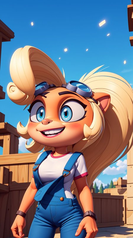 <lora:coco>coco,furry,yellow fur,breasts,long hair,looking at viewer,blush,goggles on head,smile,overalls,body fur,two-tone fur,(masterpiece:1.2),(best quality),(ultra detailed),(8k, 4k, intricate),(full-body-shot:1),(Cowboy-shot:1.2),(85mm),light particles,lighting,(highly detailed:1.2),(detailed face:1.2),(gradients),colorful,(detailed background),detailed landscape,(dynamic angle:1.2),(dynamic pose:1.2),(rule of third_composition:1.3),(Line of action:1.2),