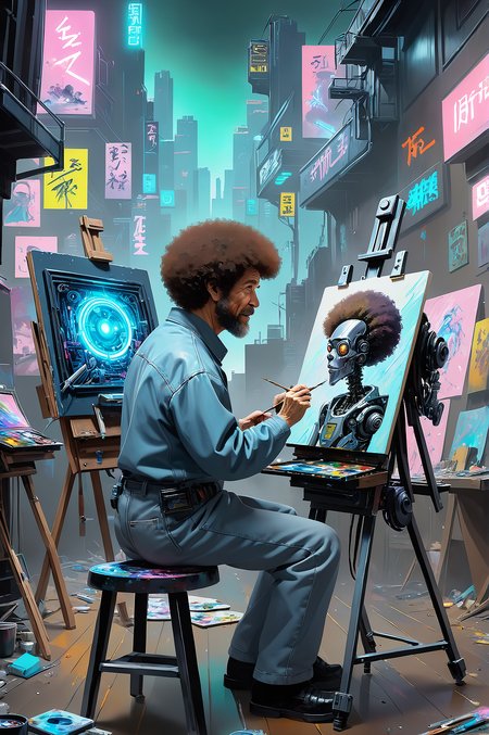 Joy of painting, Bob Ross cyborg at an easel, painting a cyberpunk picture which looks like an AI painted picture, cyberpunk style <lora:offset_0.2:1>  <lora:cyberpunk_xl_v1:1>