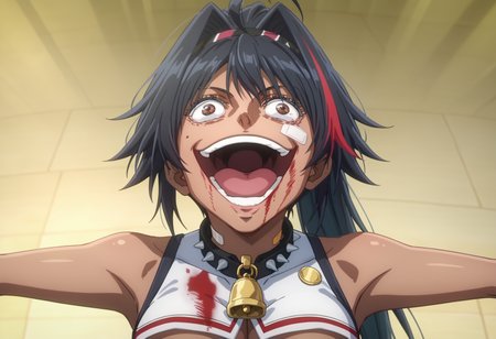 score_9, score_8_up, score_7_up, source_anime,
BREAK
 <lora:shigojoenV1:1>, gojoendef, crazy eyes, crazy smile, 
looking at viewer, smile, open mouth, upper body, teeth, tongue, blood, outstretched arms, blood on face, blood on clothes, 
1girl, solo, anime screencap, anime coloring, 
<lora:bay-nikke-richy-v1_pdxl:0.8> nikkebay, dark skin, brown eyes, black hair, ahoge, streaked hair, long hair, ponytail, hairband, hair intakes, cheerleader, crop top, large breasts, underboob, midriff, navel, spiked collar, neck bell, bandaid, mole