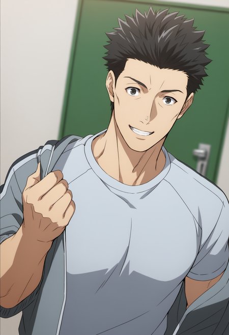 1boy, ooiwa_Iseleve, black eyes, black hair, spiked hair, (((tight white t-shirt))), light blue sport jacket, roll up sleeves, (((open_jacket))), sport pants, score_8_up, score_7_up, score_6_up, score_9, manly, muscle, middle age man, a muscular man at entrance of home, centered, looking at viewer, (detailed eyes), 8k uhd, high quality, anime color, cinematic angle, front view, simle, pull off jacket, door background, smile