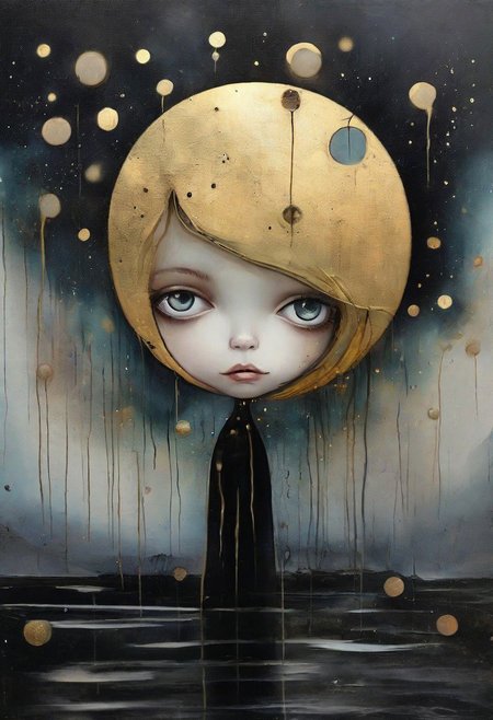 surreal  landscape  wet oil and alcohol ink, thin black and gold lines, 3-D, textured, centered, delicate, fantasy, magical, mystical, fragile. a young girl who gazes at the starlit sky ,and the moon, complementary colors, fantasy concept art,wet oil and alcohol ink, thin black and gold lines, 3-D, textured, centered, delicate, fantasy, magical, mystical, fragile." style  like  lowbrowart   8k