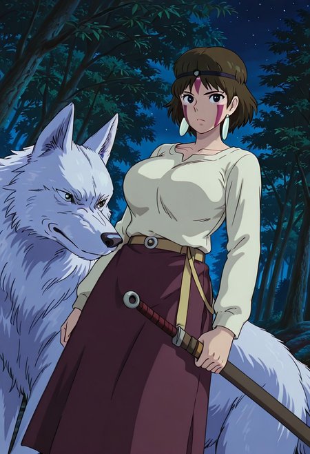 general,highres, ultra-detailed,very aesthetic,best quality ,best hands,best eyes,easynegative,
dynamic anglre, dutch angle, anime cloring,
1girl solo,looking at viewer,forest,night,weapon,holding a weapon,wolf,
San,brown hair,short hair,facial mark,headband,earrings,black eyes,huge breasts,shirt,skirt,
